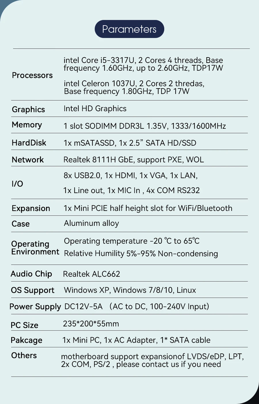 XCY Fanless Industrial Mini PC Intel Core i5-3317U 4x COM DB9 8x USB Support Windows XP/7/8/10 Linux