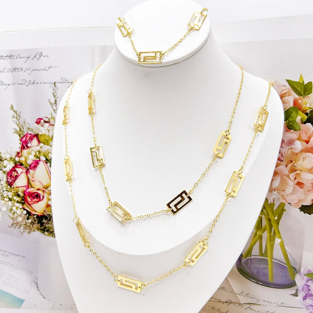 Fashion Long Chain Necklace with Bracelet Classic Gold Color Necklace for Women Trendy Bangles For Women Anniversary Party Gift