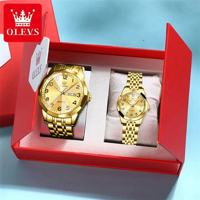 OLEVS 9970 Luxury Couple Watch Men Women Stainless Steel Waterproof Calendar Wristwatch Digital Dial Rhombus Mirror Lovers Watch