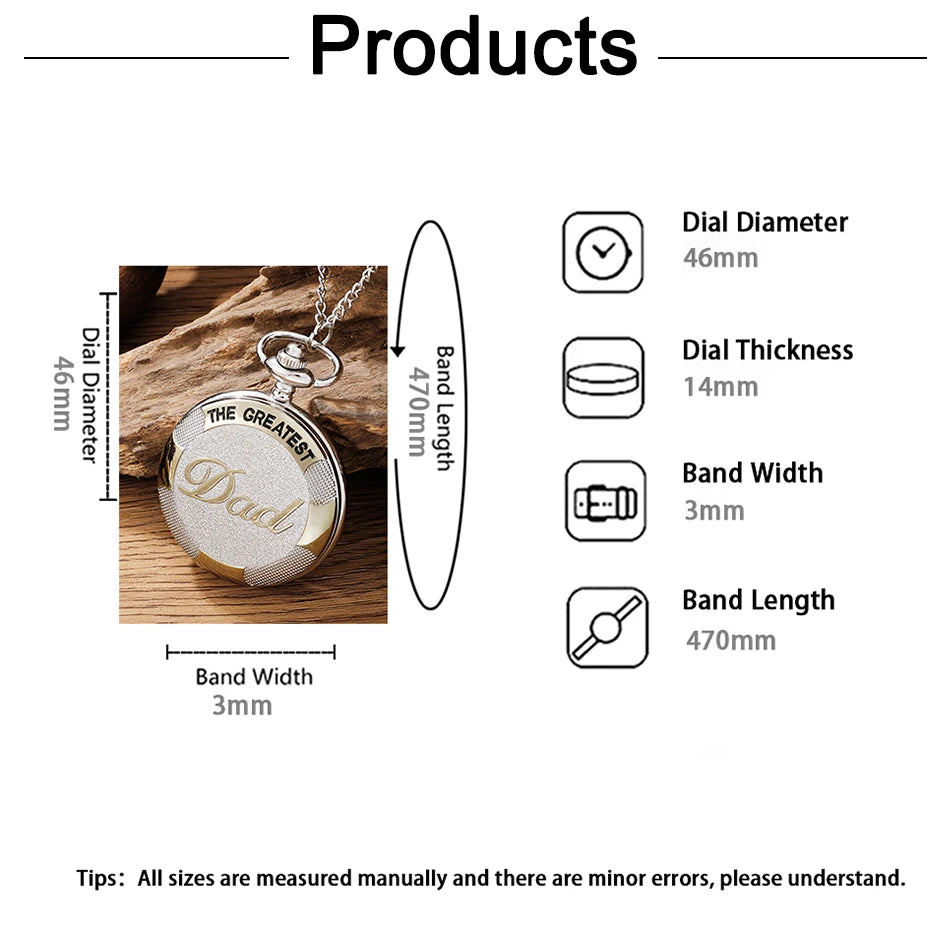 Vintage Silver Golden Luxury THE GREATEST DAD Quartz Pocket Watch Fob Chain Necklace Mens Fathers Gifts Clock Relogio De Bolso