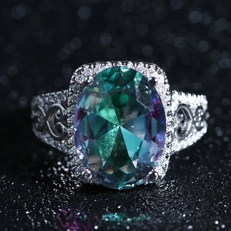 2022 NEW Personality Rainbow Stone Sea Blue Zircon Ring Hot Sale Creative Mosaic Colorful Gem Jewelry Women Men