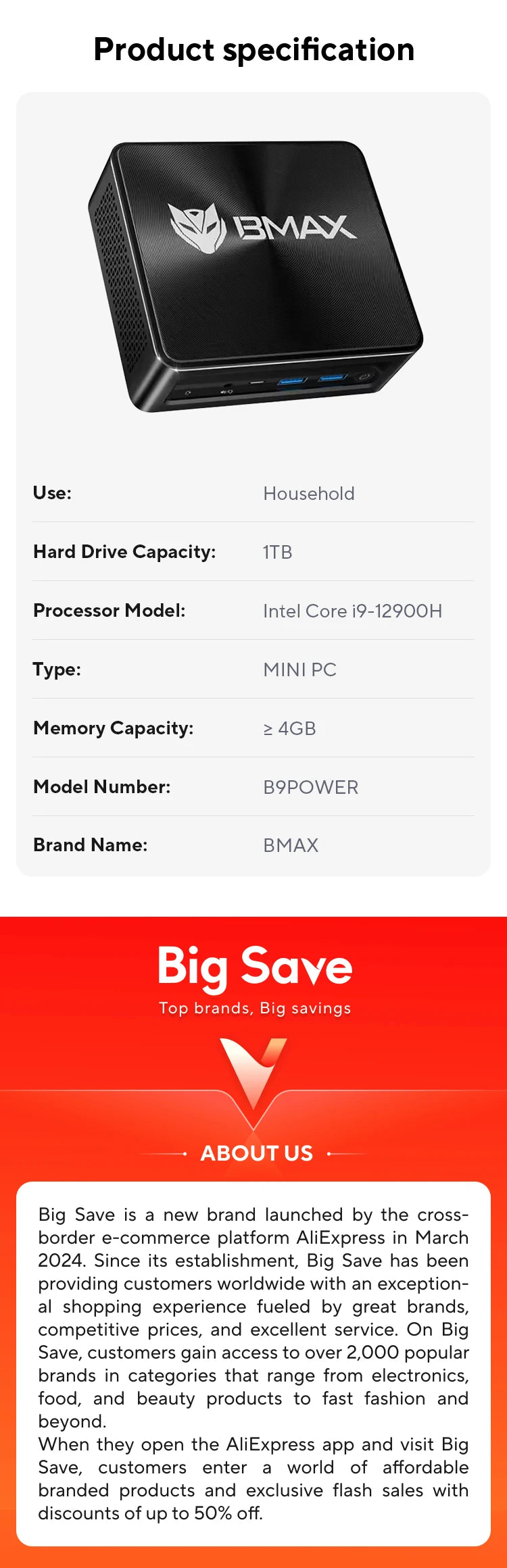 BMAX B9 Power Mini PC Intel Core i9-12900H Turbo Frequency 5.0GHz 24GB DDR5 RAM 1TB NVMe SSD WiFi 6 Bluetooth 5.2