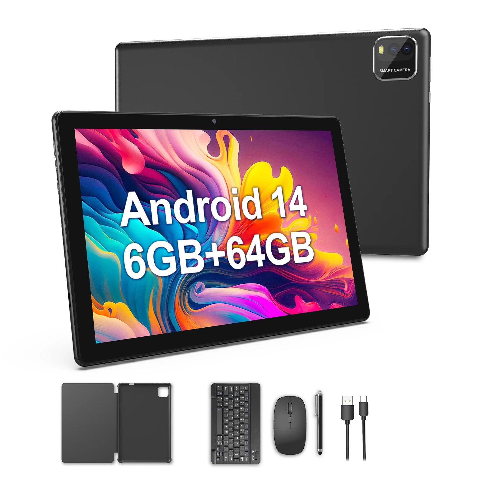 10-inch Android 14 tablet with keyboard, protective case, stylus and data cable. 6GB (3+3) RAM+64GB ROM+, quad-core processor