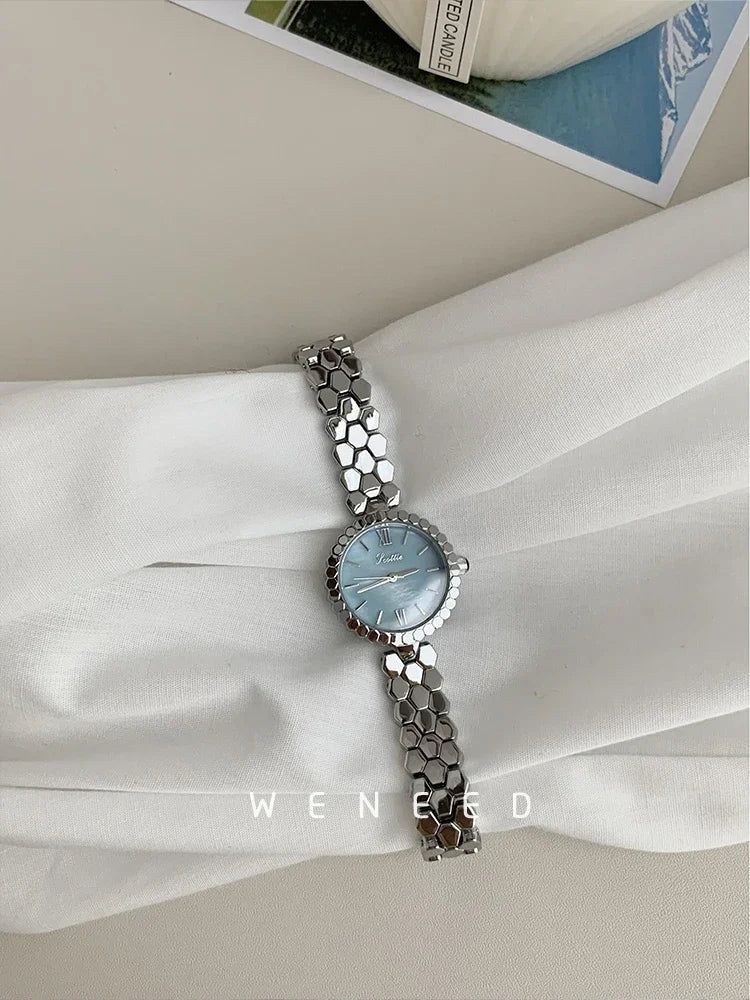 New Women's Watch Silver Case Luxury Temperament Vintage Elegant Bracelet Real Belt Japanese Quartz Movement Gift for Lovers