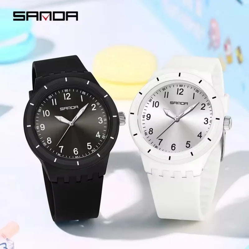 SANDA 9075 Casual Student Quartz Watch Simple Waterproof Silicone Strap Night Light Fashion Girls and Boys Watch Simple Daily