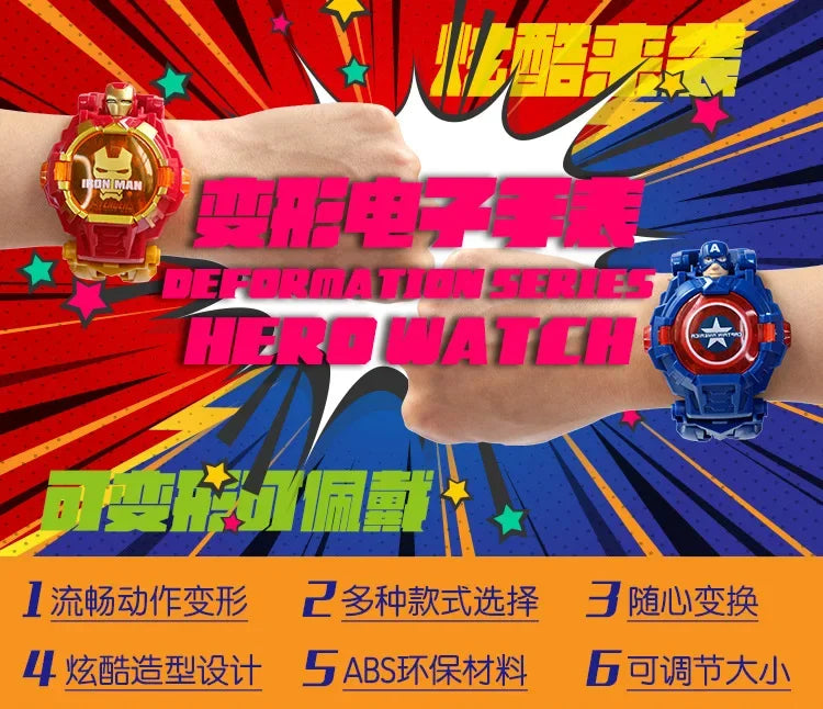 Marvel Iron Man Spiderman Cartoons Children's Watch Deformation Robot 3d LED Luminous Watch Children's Model Toy Watch