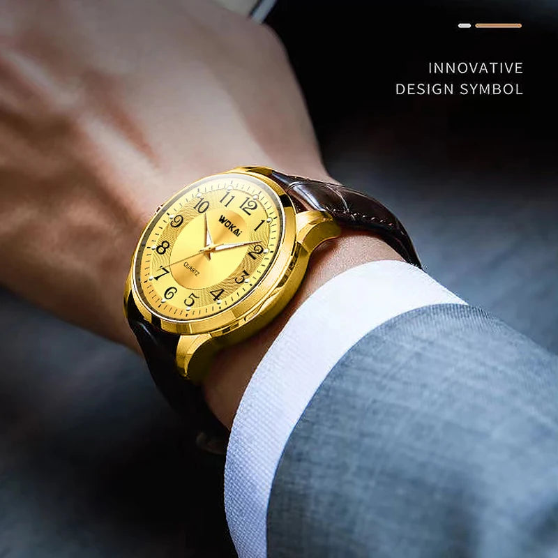 WOKAI high quality fashion casual yellow gold men's leather belt quartz watch men's business sports digital clock retro