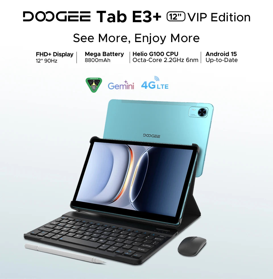 Doogee Tab E3+ 2 in 1 Tablet Pc Gemini Ai 12"" 2K Display Android 15 32Gb Ram(8+24) 256Gb Rom 8800Mah Battery Helio G100 Tabletpc