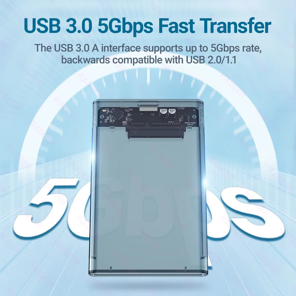 RAGEER Tool-Free Transparent Gray 2.5'' External Hard Drive Enclosure USB to SATA III 5Gbps HDD Case for 7mm/9.5mm Drives w/UASP