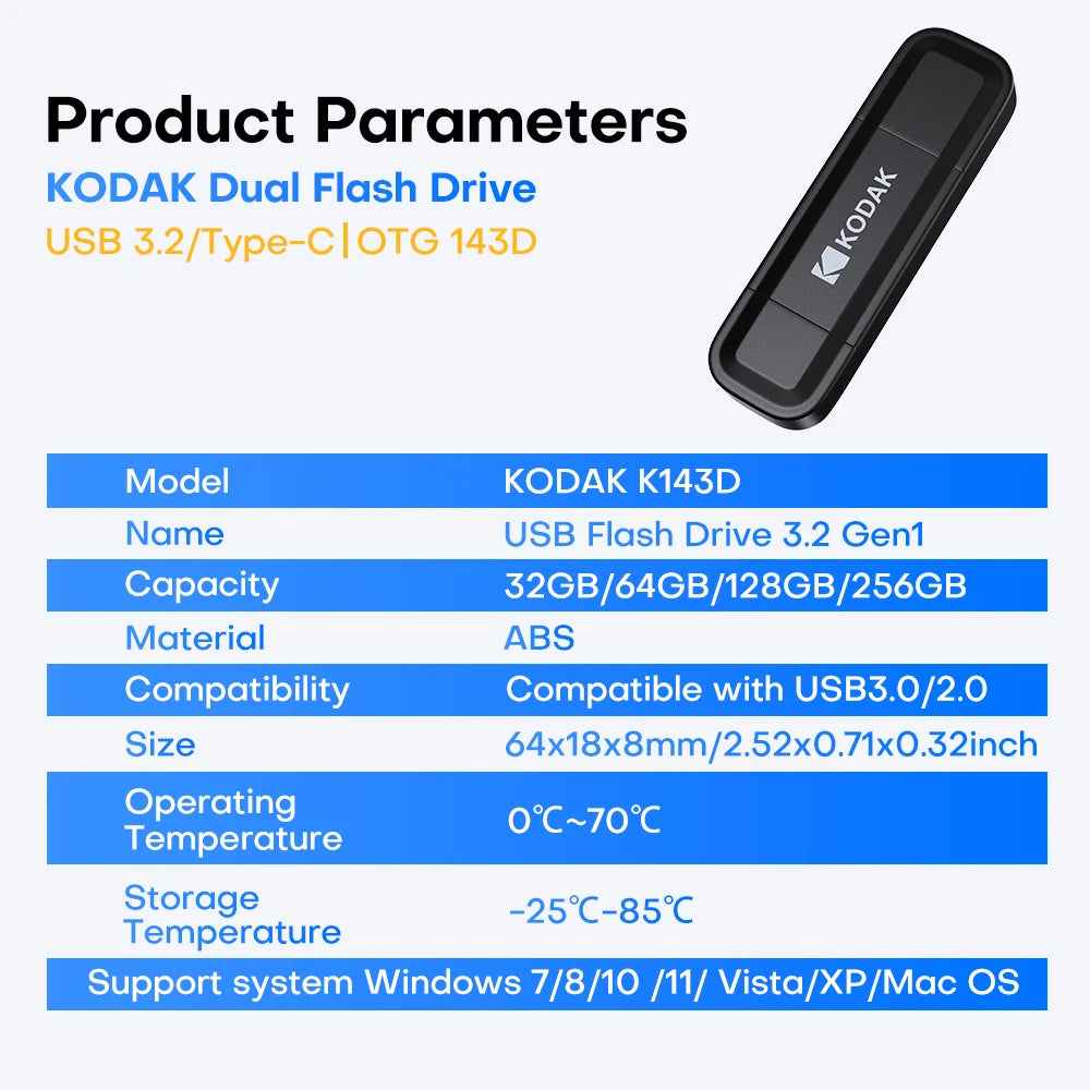 KODAK USB 3.2 Type-C Flash Drive 128GB 64GB USB3.2 Gen 1 OTG High Speed Pen Drive Memory Stick Pendrive for Phone Computer