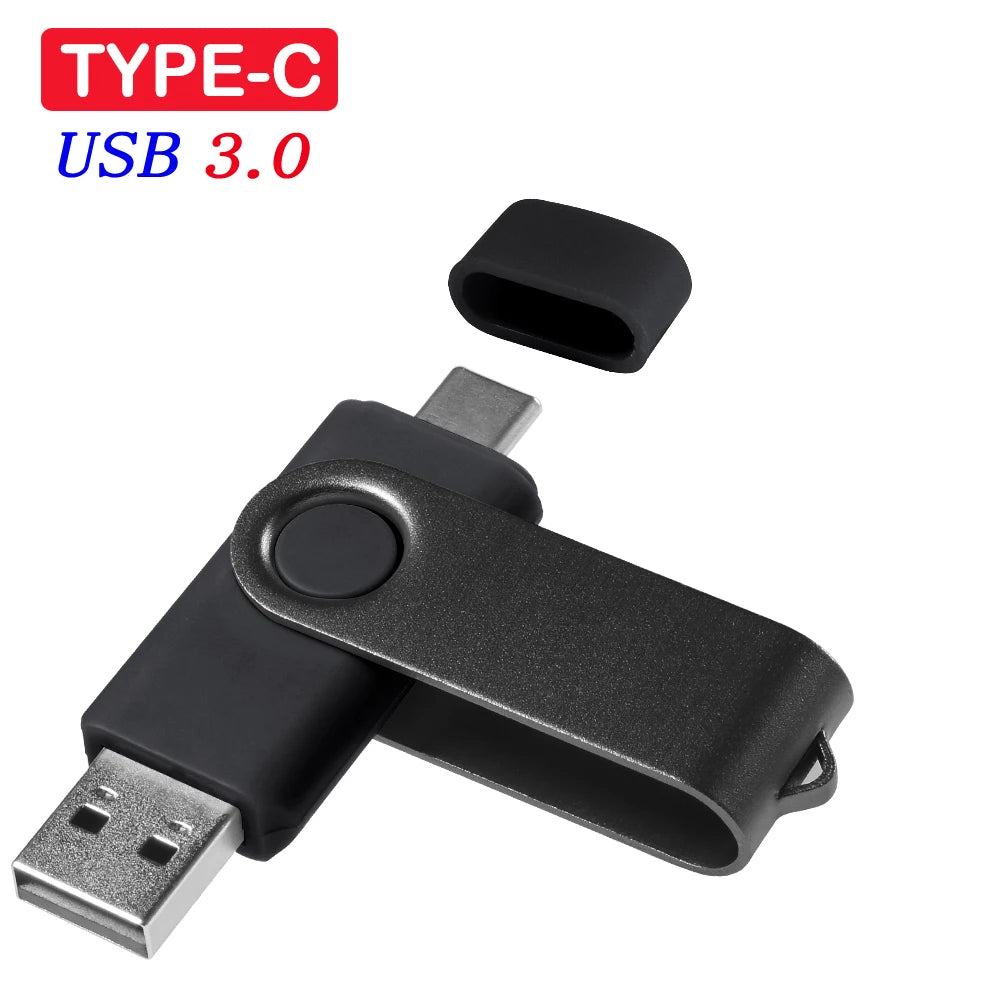 High Speed TYPE-C USB 3.0 Flash Drive 64GB Rotatable OTG Pen Drive 32GB 128GB 256GB Memory Stick for Mobile Phone Black Pendrive
