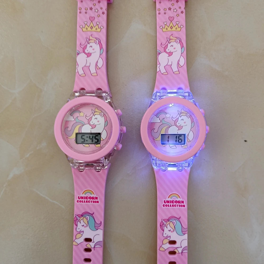 Cartoon Unicorn Collection Rainbow Printed Rubber Girls Kids Children Students Digital Flash Light Glow Up Party Gifts Watches