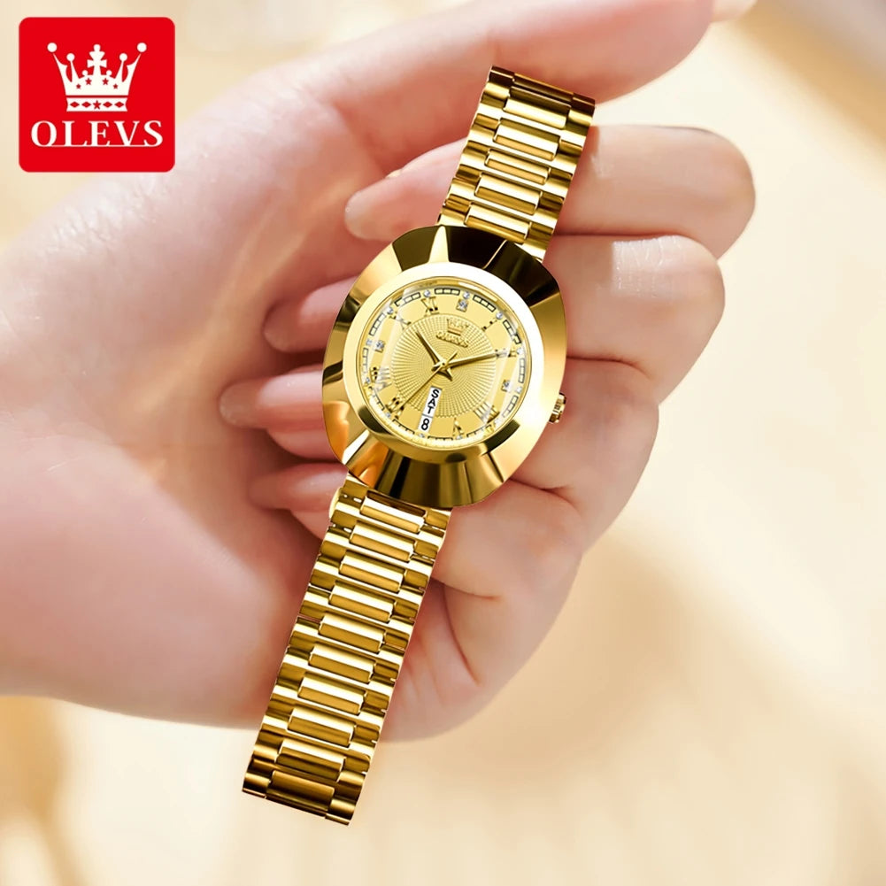 OLEVS 7008 Luxury Quartz Watch for Women Large Dial Tungsten Steel Strap Top Brand Original Golden Women's Decoration Wristwatch