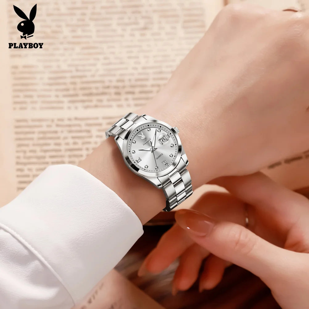 PLAYBOY New Original Luxury Women Watch Waterproof Calendar Luminous Stainless Steel Elegant Fashion Quartz Women's Wristwatch
