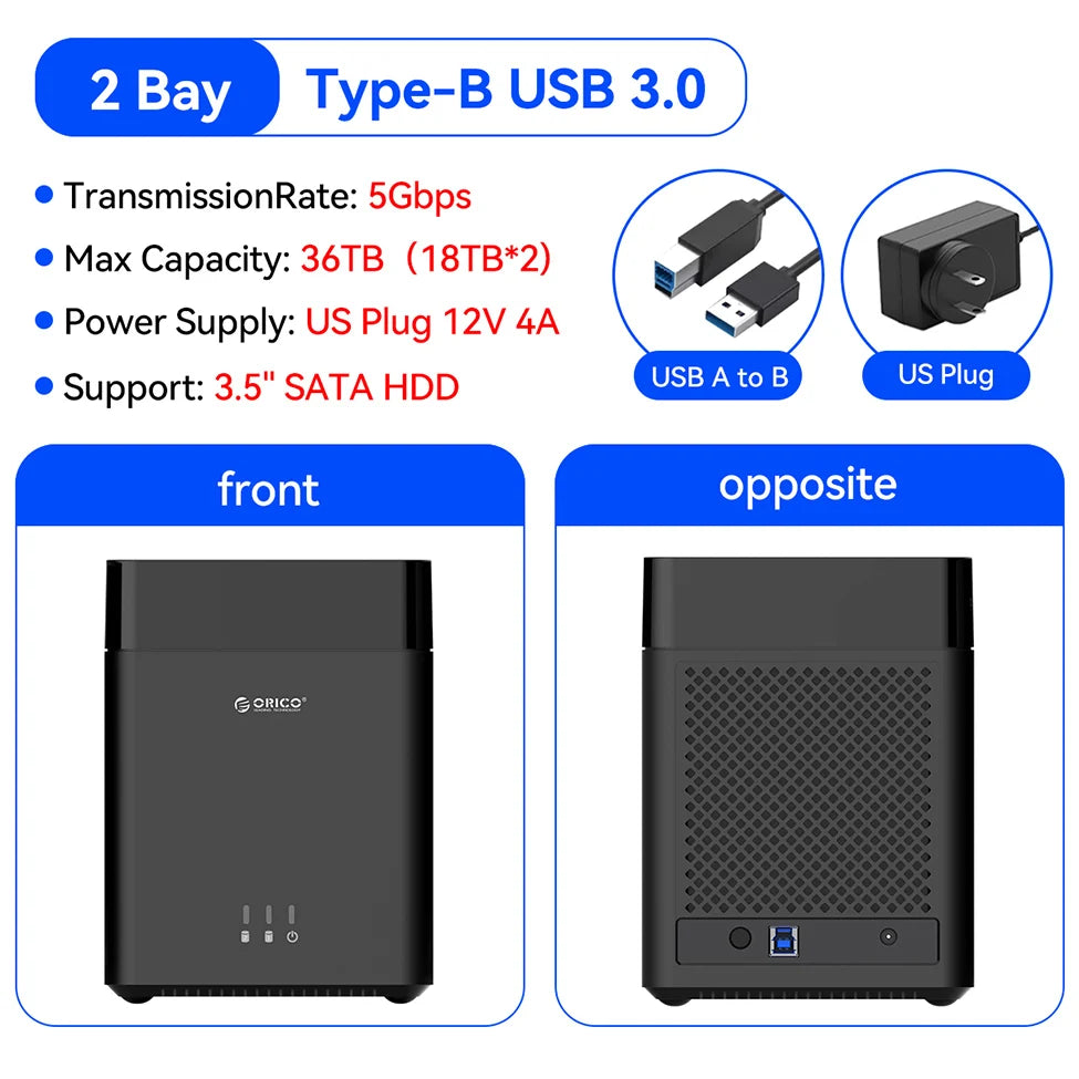 ORICO 2 Bay HDD Enclosure Hard Drive Case 3.5" SATA Docking Station USB 3.0 Type C DAS Storage Box 36TB Expansion for PC Laptop