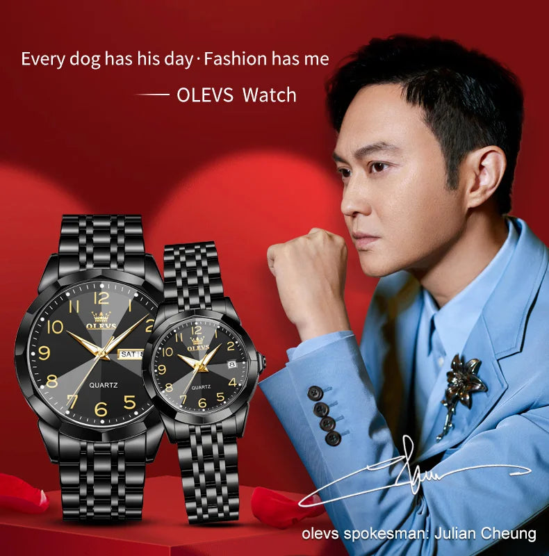 OLEVS 9970 Couple Watch Classic Digital Dial Stainless Steel Rhombus Mirror Luxury Top Quartz Watches for Men Women Lover's Gift