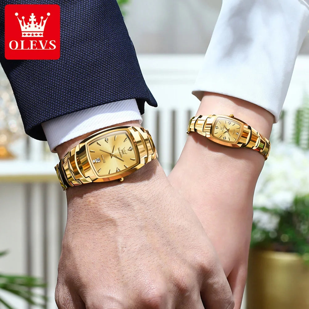 OLEVS 7006 Tonneau Tungsten Steel Couple Watch for Men Women Luxury Brand Quartz Lover's Watch His or Hers Waterproof Wristwatch