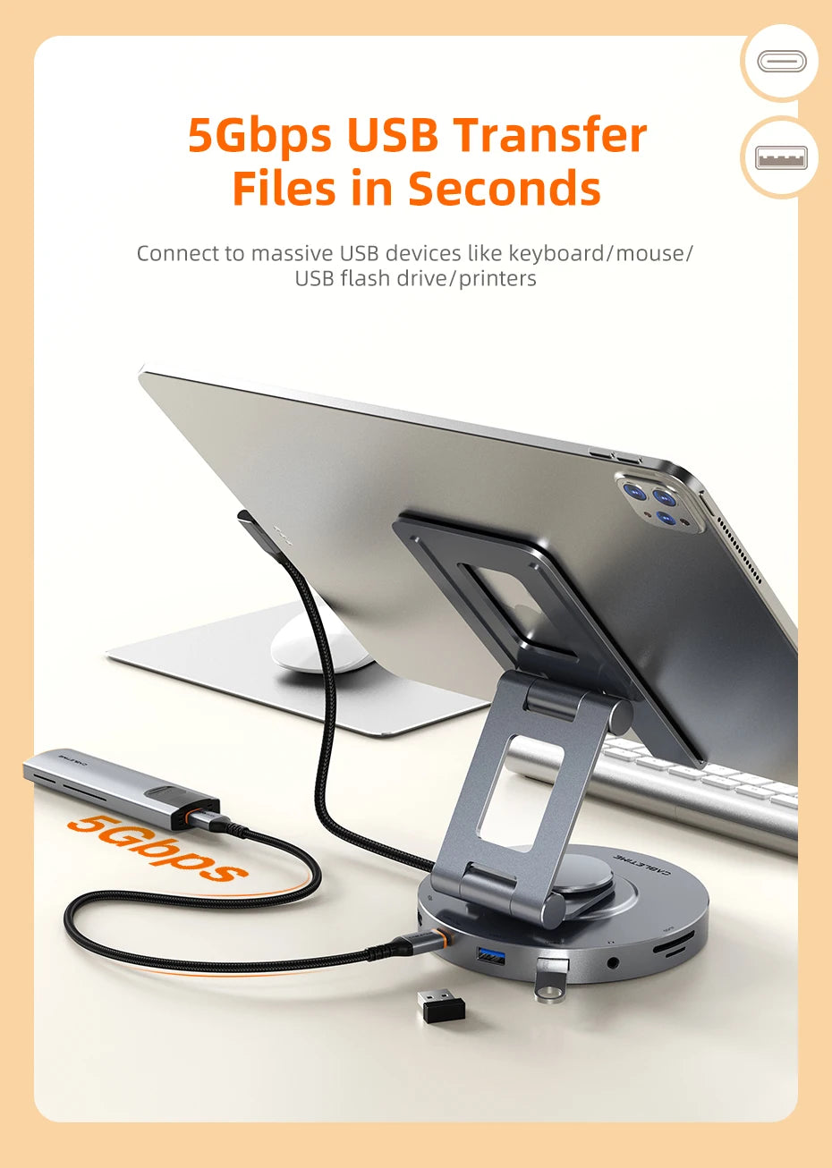 CABLETIME 8 in 1 Multi USB C Hub with 360 Rotating Stand HDMI 4K 60Hz PD 100W USB 5Gbps SD TF Aux 3.5mm for iPad Pro Tablet C441