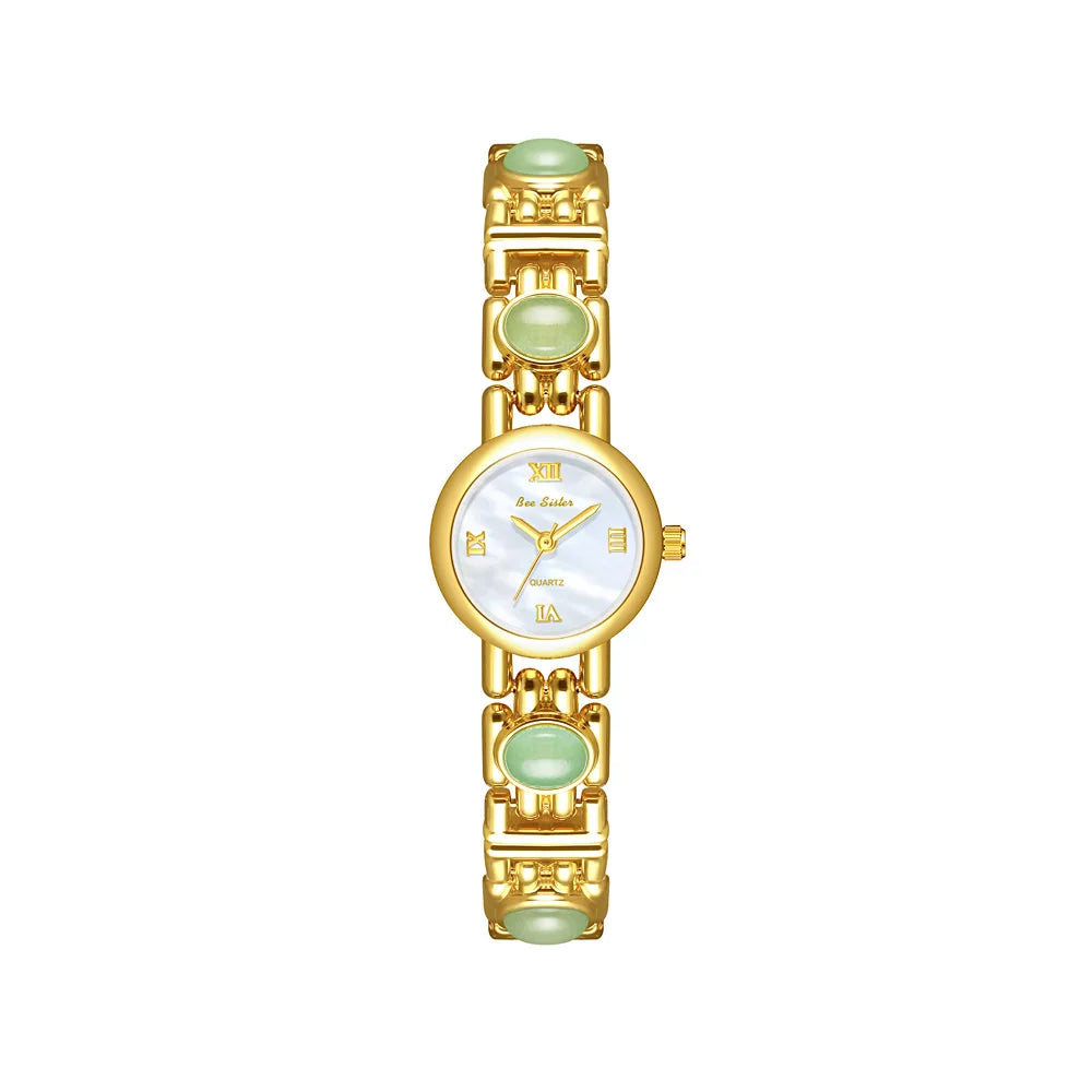NEW Elegant Retro Watch Women Natural Brown Gemstone Jade Waterproof Round Dial Quartz Watch Female Bracelet Accessories Gift