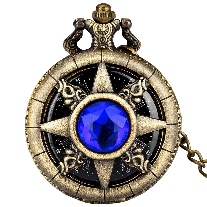 Exquisite Emerald-green Stone Bronze Case Quartz Pocket Watch Simple White Dial Chain Clock Necklace Pendant Watch for Men Women