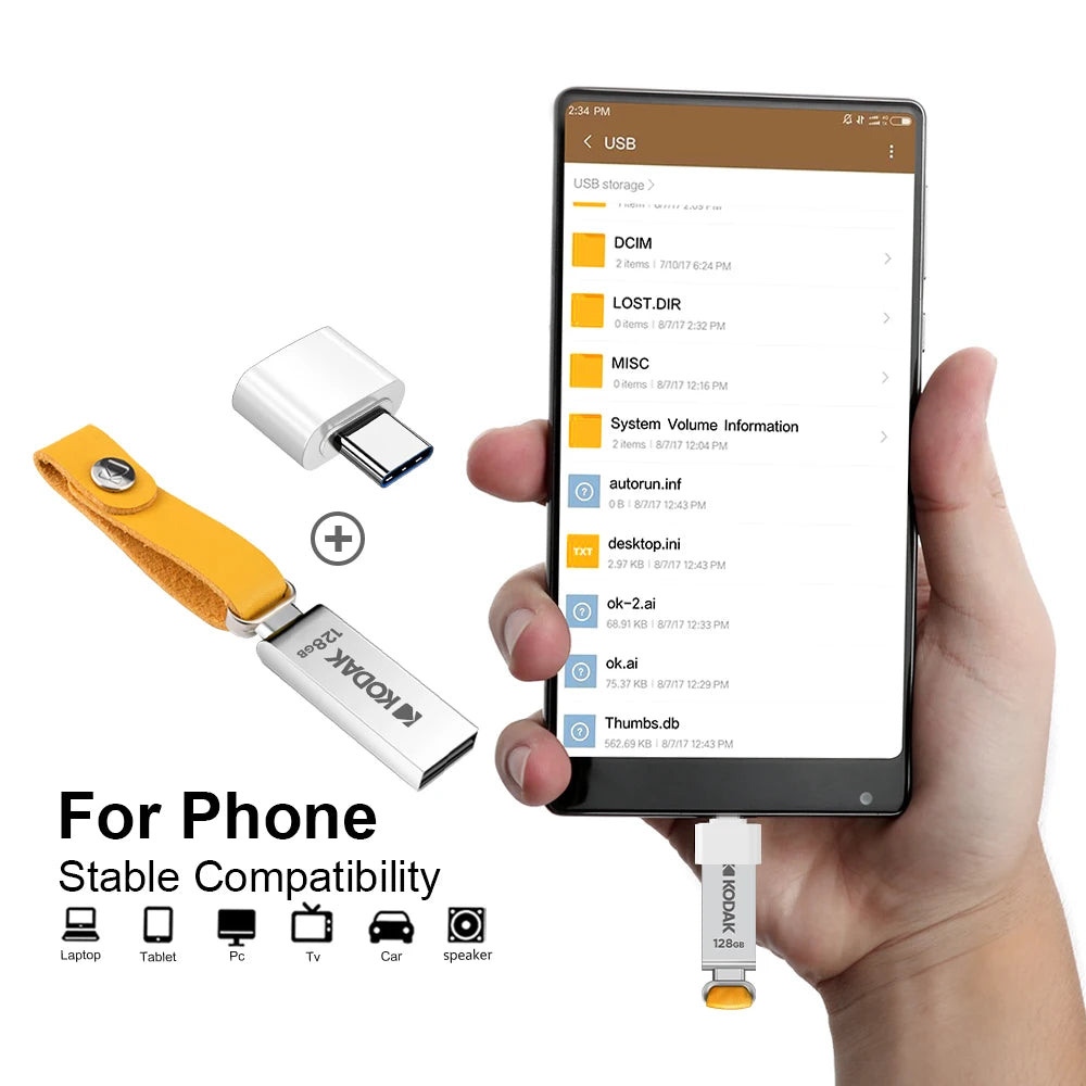 KODAK USB 2.0 Flash Drive H2testw 32GB 64GB 128GB Pendrive Waterproof Memory Stick Leather Landyard Metal U Disk + Type-c Reader