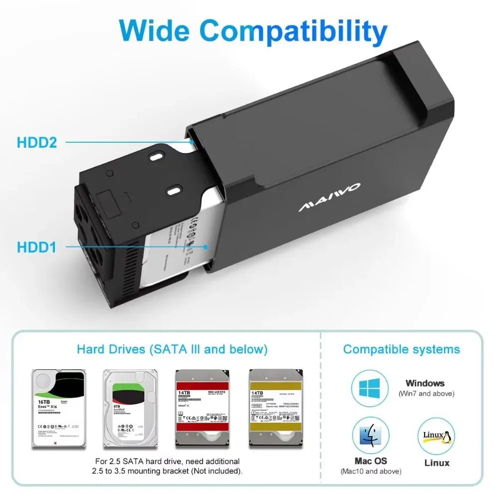 MAIWO 3.5" Dual Bay SATA HDD Hard Drive Enclosure with Cooling Fan for 4 Raid Modes USB 3.0 5Gbps 48TB Capacity Aluminum Alloy