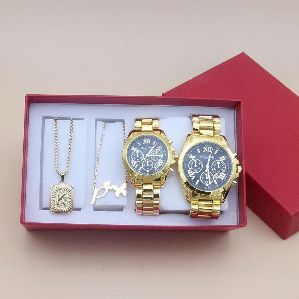 Couple Watch Set Men Quartz Steel Watch for Lovers Luxury Womens Wristwatch Relogio Feminino With Bracelet Nesklace 4Pcs Gifts