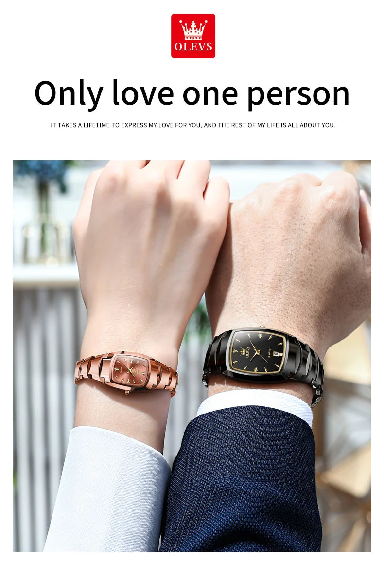 OLEVS 7006 Tonneau Tungsten Steel Couple Watch for Men Women Luxury Brand Quartz Lover's Watch His or Hers Waterproof Wristwatch