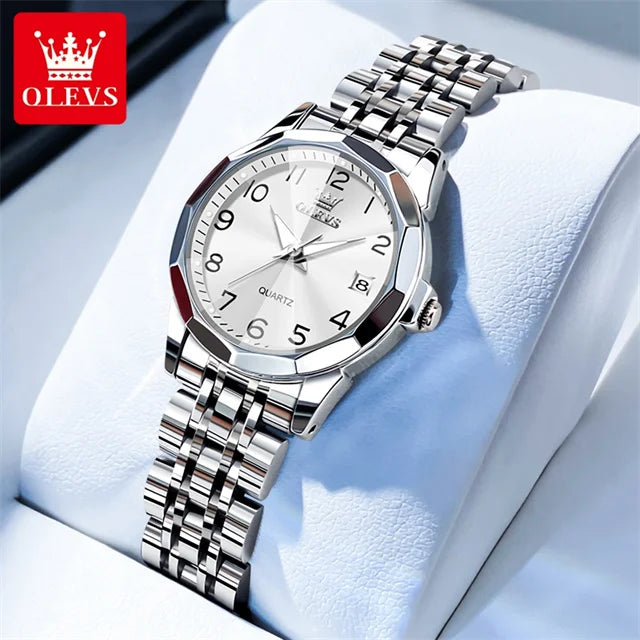 OLEVS 9970 Couple Watch Classic Digital Dial Stainless Steel Rhombus Mirror Luxury Top Quartz Watches for Men Women Lover's Gift
