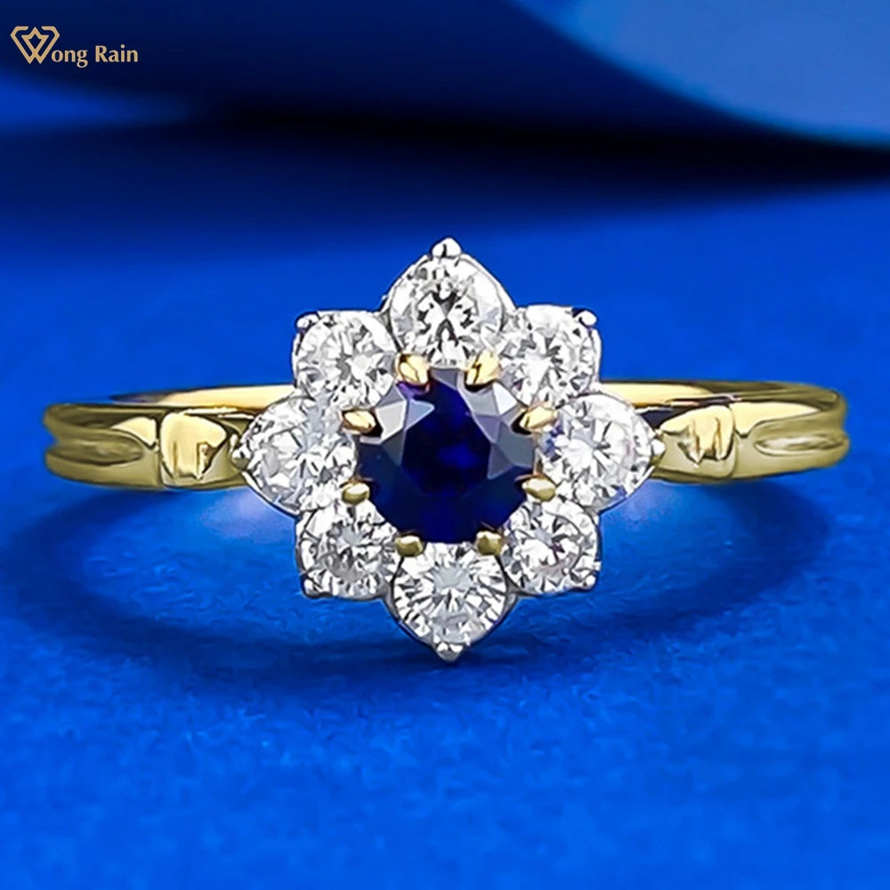 Wong Rain Solid 925 Sterling Silver Round Cut 4 MM Sapphire High Carbon Diamond Gemstone Flower Rings Fine Jewelry Wholesale