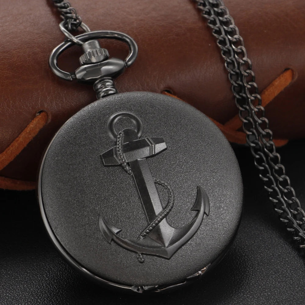 Exquisite Ship Anchor Rudder Pattern Roman Numerals Quartz Pocket Watch Men's Black Fob Chain Accessory Clock Necklace Gift