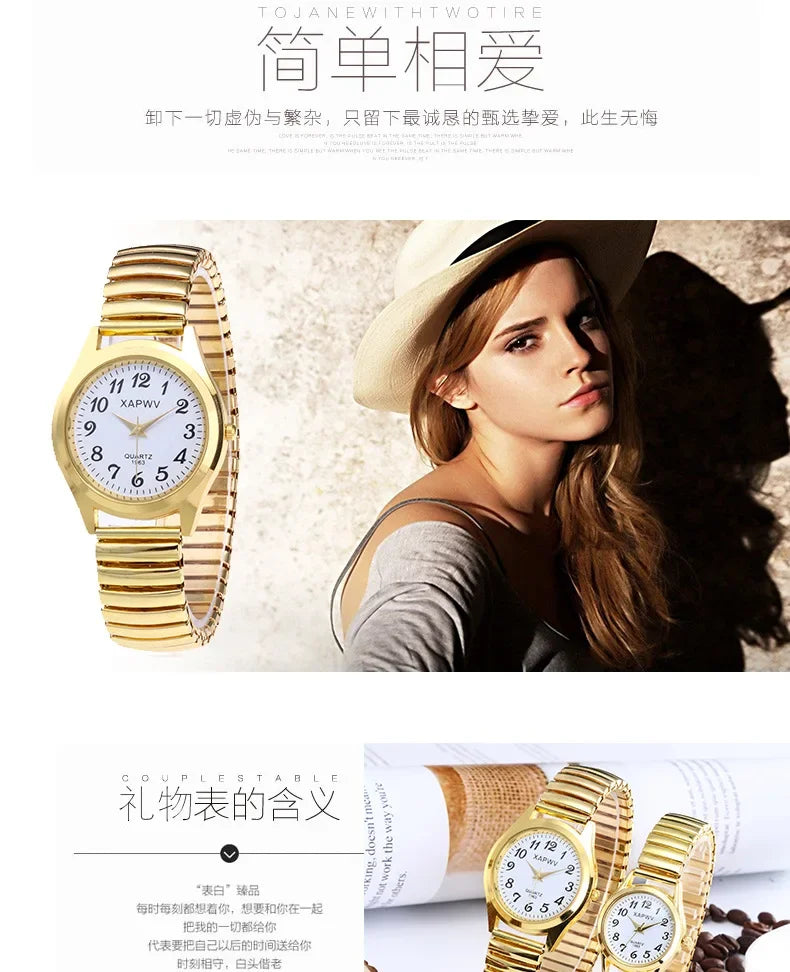 1PCs Classic Vintage Business Women Men Elastic Gold Sliver Quartz Watch Tide Lovers Couple Bracelet Watches Party Office Gifts