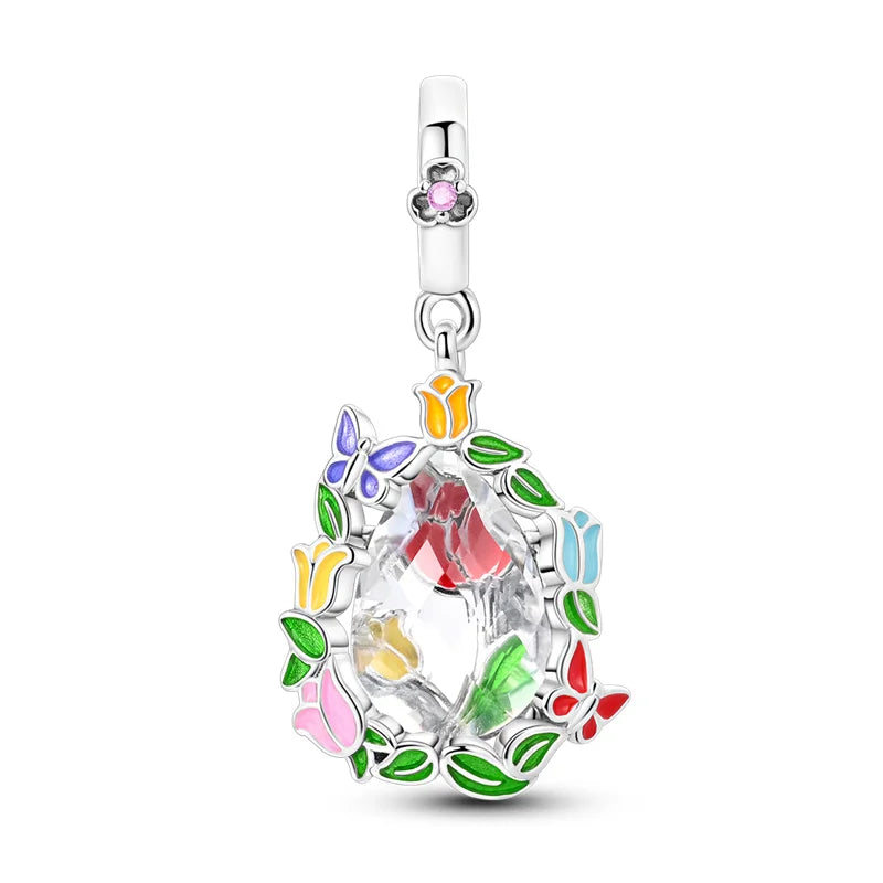 New 925 sterling silver pink green blue flower teapot and teacup bead pendant suitable for original charm bracelet