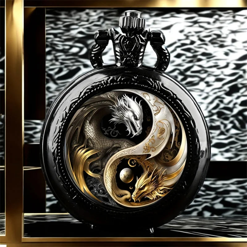 Vintage Cool Pocket Watch Two Dragon Moon Elegant Exquisite Clock With Necklace Chain Lovers Masculino Relogio Best Gift