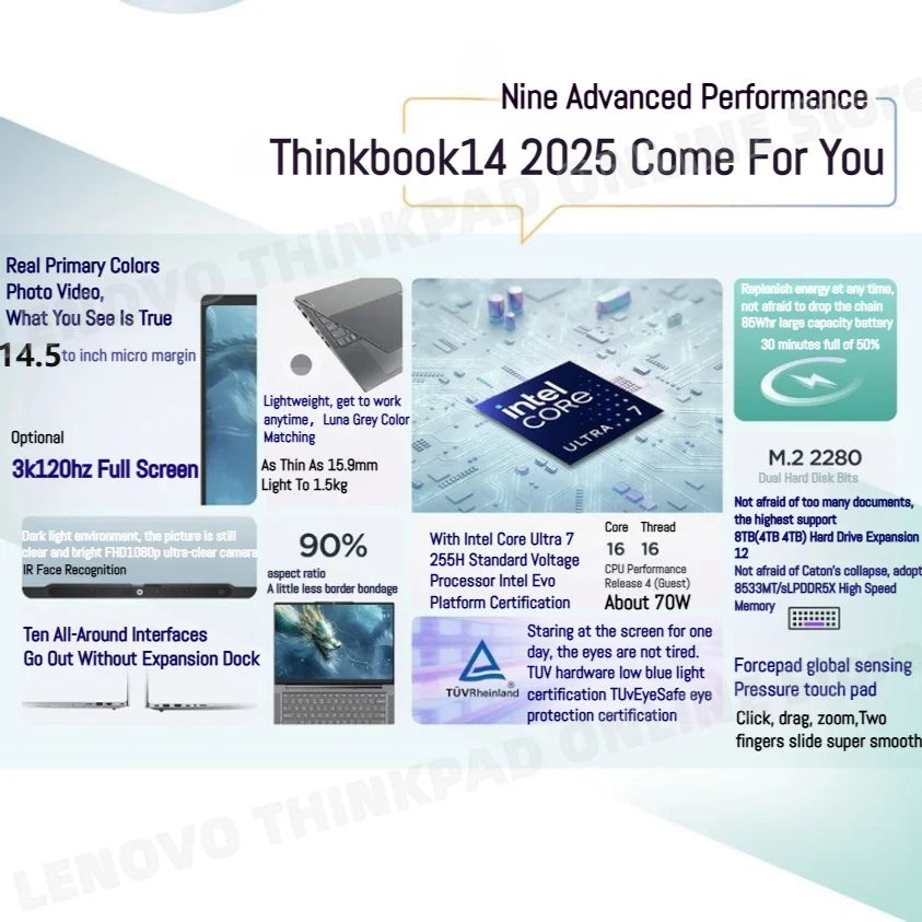 【2025 New】Lenovo ThinkBook 14+ Laptop U5-225H/U7-255H/U9-285H Arc 130T/140T 14.5inch 3K 120Hz Matte Screen