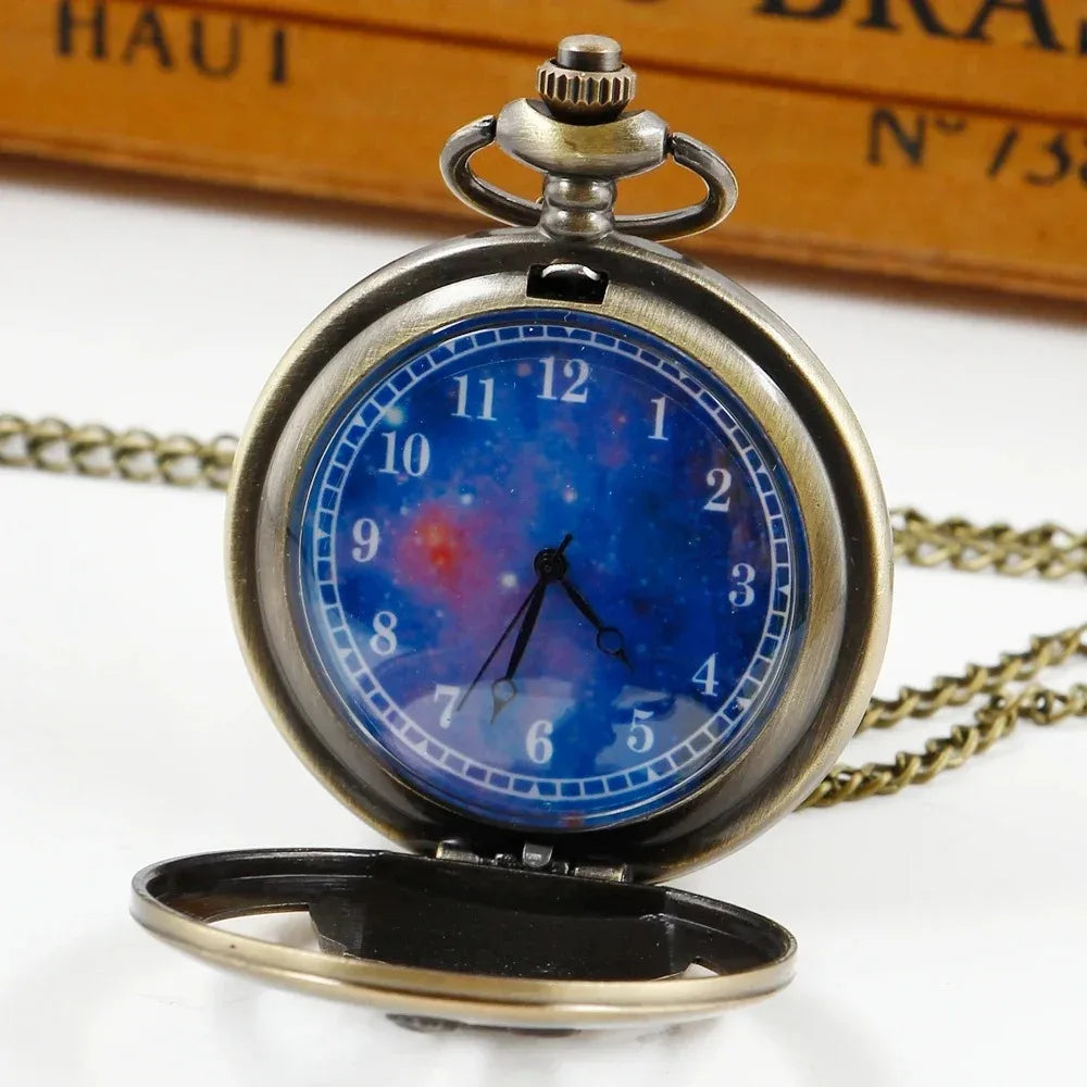 Nice Gifts Classic Blue Planet Bronze Vintage Quartz Pocket FOB Watch with Chain Popular Gifts for Boys Girls Kids