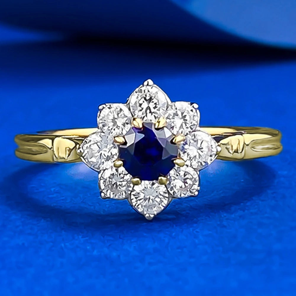 Wong Rain Solid 925 Sterling Silver Round Cut 4 MM Sapphire High Carbon Diamond Gemstone Flower Rings Fine Jewelry Wholesale
