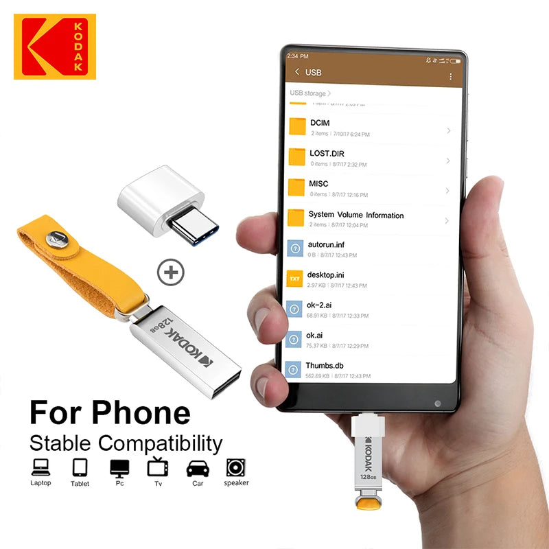 KODAK USB 2.0 Flash Drive H2testw 32GB 64GB 128GB Pendrive Waterproof Memory Stick Leather Landyard Metal U Disk + Type-c Reader