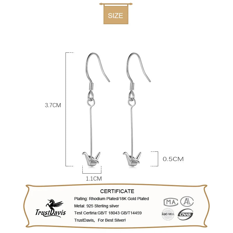 Trustdavis 925 Sterling Silver Lovely Paper Crane Sweet Long Dangle Earrings For Women Girl Lady Fashion Silver 925 Jewelry DT53