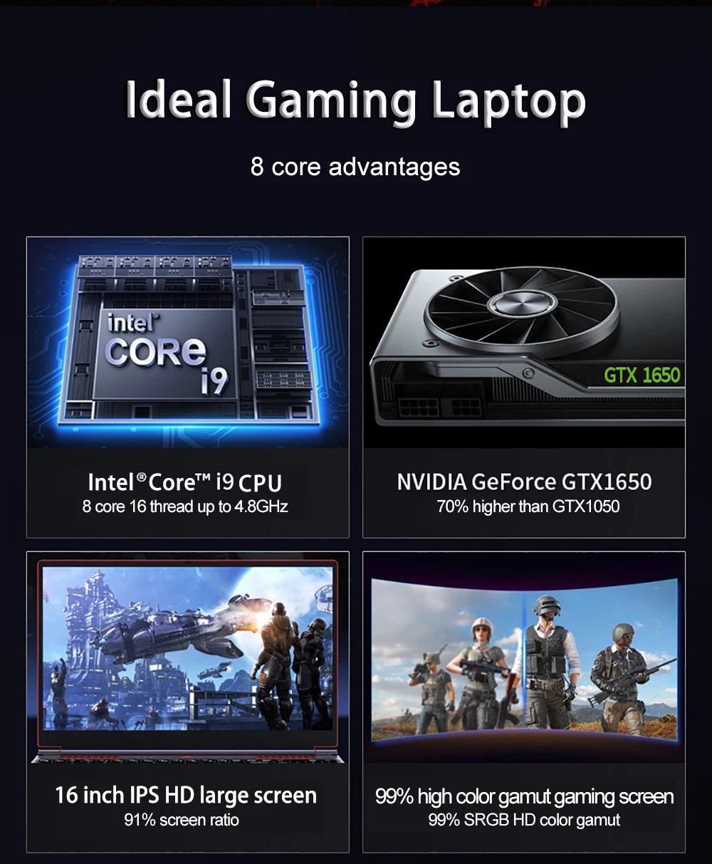 New16.1 Inch 10th Gaming Laptop Intel Core I9-10880H I I7-10880H Nvidia GTX 1650 4G Windows 10/11 Gaming Laptop Metal Ultrabook