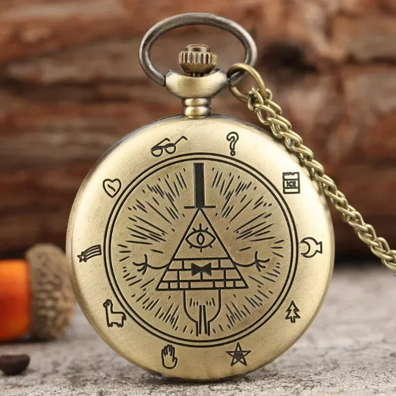 Vintage Bronze Bill Cipher Quartz Pocket Watch Pendant Necklace - Perfect Gift for Women!