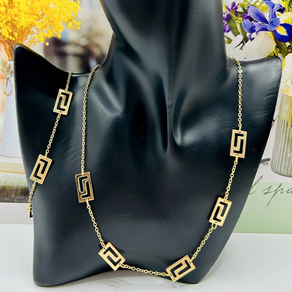 Fashion Long Chain Necklace with Bracelet Classic Gold Color Necklace for Women Trendy Bangles For Women Anniversary Party Gift