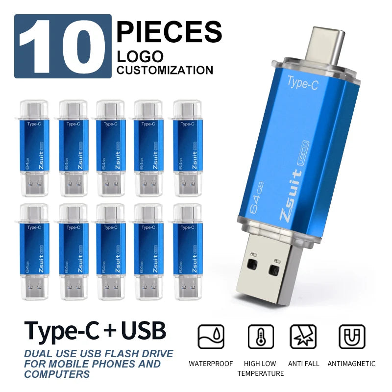 10Pcs/Lot Type-c Flash Drive 16GB 32GB Metal OTG 2 IN 1 Pen Drive 3.0/2.0 Memory Stick USB Free Logo cle Usb Waterproof U Disk