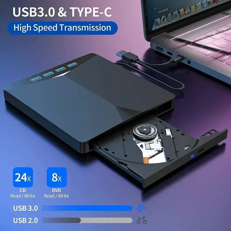 7-in-1 Portable DVD Drive USB 3.0 Type-C External RW CD Burner Drive Burner Reader Player Optical Drives For Laptop PC Netbook