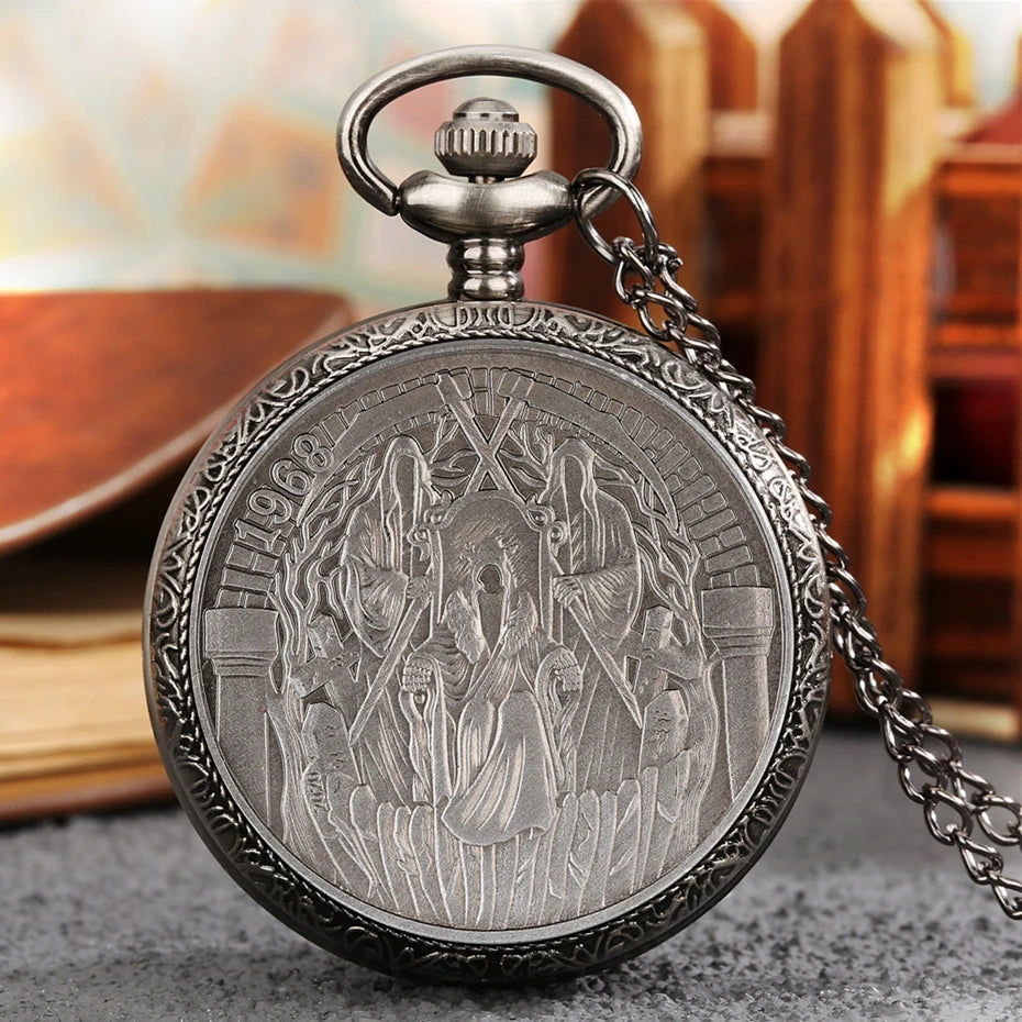 Retro Gray 12 Constellations Astrology Pattern Quartz Pocket Watch Necklace Chain Birthday Gifts Pendant Watch for Friend Unisex