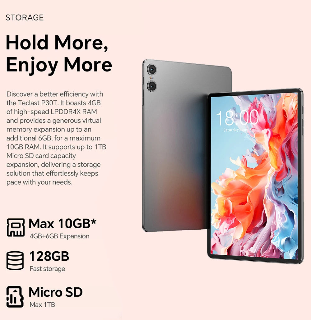 Teclast P30T 2024 Tablet(allwinner A523 8-core 1.8GHz/10GB(4GB+6GB)RAM/128GB ROM/10.1 inch 1280X800iPS TDDI/WIFI/BT5.0/6000mAh/T
