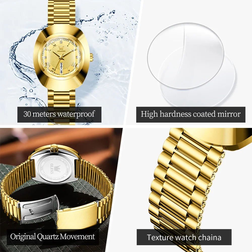 OLEVS 7008 Luxury Quartz Watch for Women Large Dial Tungsten Steel Strap Top Brand Original Golden Women's Decoration Wristwatch