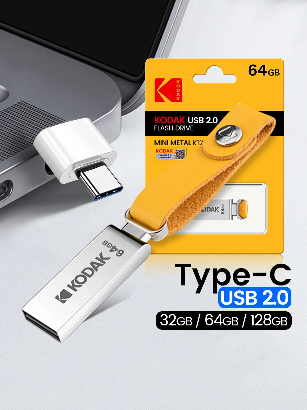 KODAK USB 2.0 Flash Drive H2testw 32GB 64GB 128GB Pendrive Waterproof Memory Stick Leather Landyard Metal U Disk + Type-c Reader