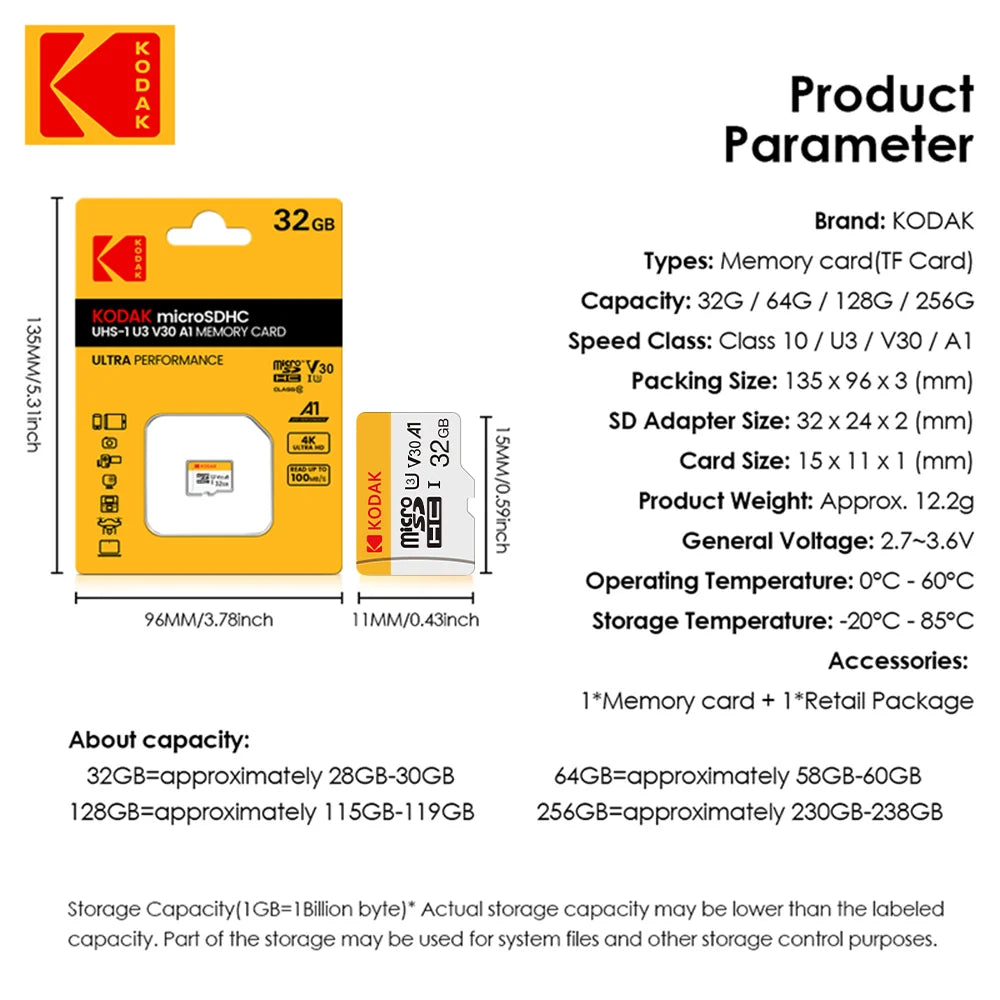 Original Kodak Micro SD Card 128GB Class10 Memory Cards 64GB Flash Card 256GB 32GB V30 U3 cartao de memoria For Driving Recorder