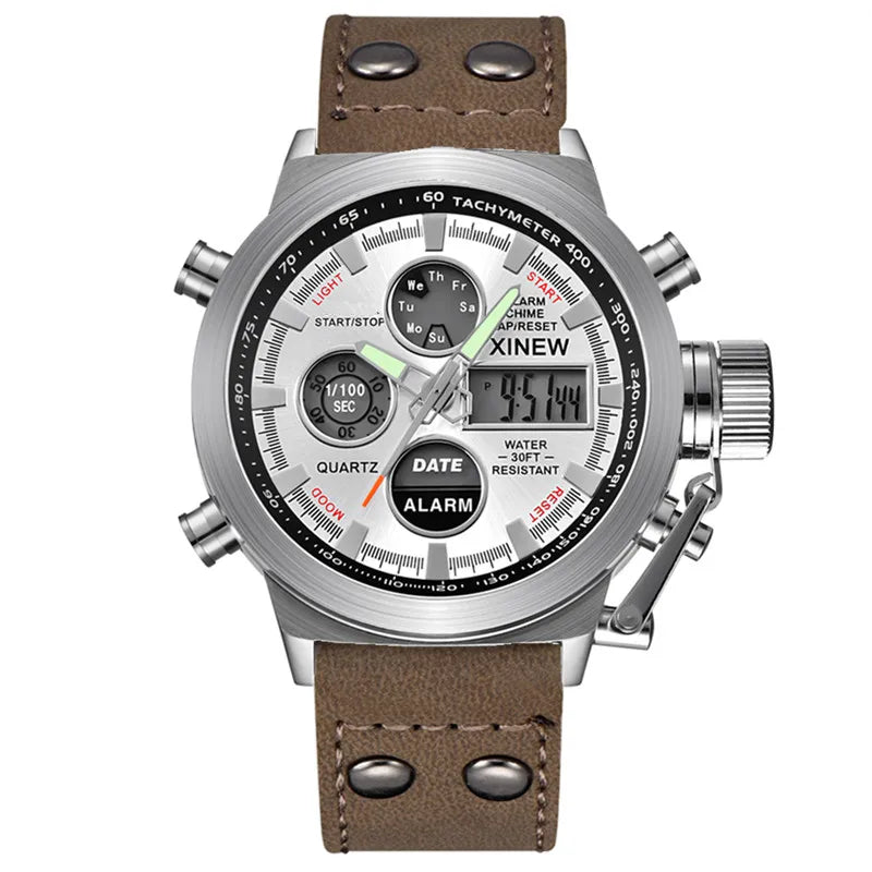 1pc / lot Men Genuine XINEW Brand Designer Watches Students Fashion Leather Band Alarm Stopwatch Electronic Watch Montre Homme